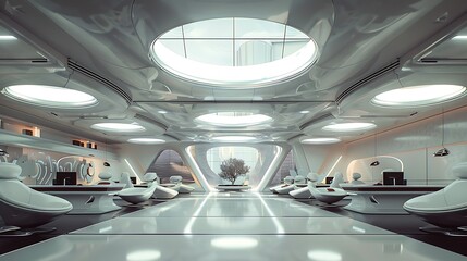 Poster - Futuristic Office interior with a clean white design and modern furniture. The room has large windows and skylights and a minimalist design.