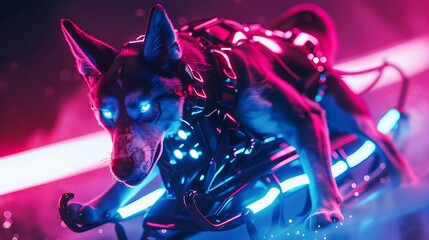 Poster - close up of a futuristic husky dog with glowing neon lights capturing a cyberpunk aesthetic.