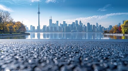 Wall Mural - Asphalt road platform and lake with city skyline background : Generative AI