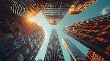 Wall Mural - Manhattan skyscrapers during setting sunlight detail shot of world famous travel destination horizontal copy space graphic resources backgrounds : Generative AI