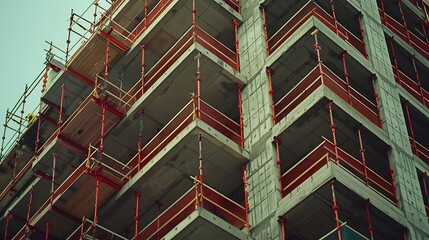 Wall Mural - Multistory concrete building is under construction featuring scaffolding and safety nets : Generative AI