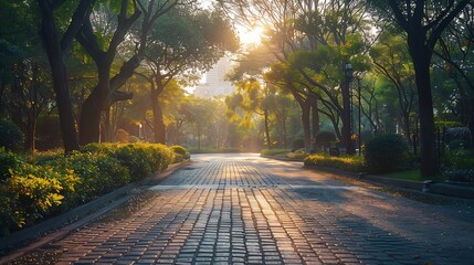 Poster - Empty street at the nice and comfortable garden at the morning with lovely beautiful sky : Generative AI