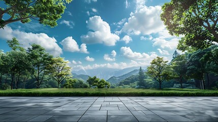 Poster - Empty square floor and green forest with sky clouds background Panoramic view : Generative AI