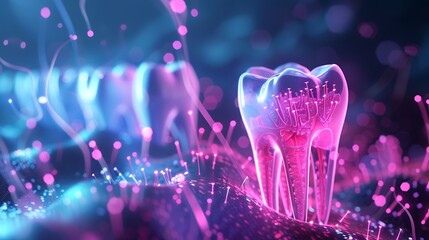 Poster - Single tooth rendered in 3D with a transparent material glowing against a field of glowing pink and blue lights. This image represents dental care.