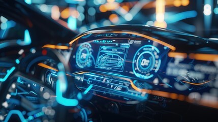 Abstract electronic car dashboard interface hologram on blurry blue backdrop. Automobile, charging and futuristic technology concept. 3D Rendering