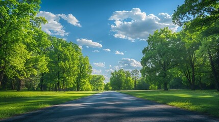 Poster - Empty square or road through green forest trees under blue sky and clouds : Generative AI