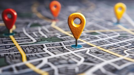 Poster - Close up of a map with multiple location pins indicating various points of interest. The pins are yellow and red highlighting different locations on the map.