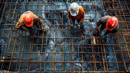 Poster - Construction workers during installation of steel gratings for the foundation of a building in the city of Sao Paulo Brazil : Generative AI