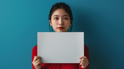 Wall Mural - Asian woman wearing red shirt showing and holding blank white billboard isolated on blue background : Generative AI