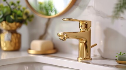 Wall Mural - A gold bathroom faucet detail with a plant on the white marble countertop and a gold mirror : Generative AI