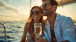 © Generative AI - Caucasian man and woman couple enjoy outdoor luxury party drinking champagne with talking together while catamaran boat sailing Male and female relax with outdoor lifestyle on summer t : Generative AI