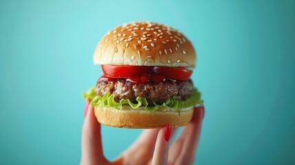 closeup on a hamburger in a female hand on a blue background : Generative AI