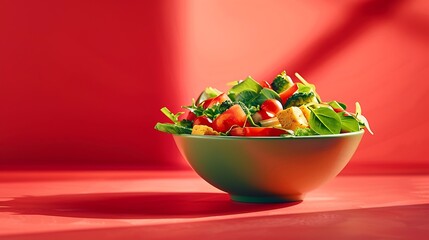 Poster - Vegetarian green salad on trendy red background with hard shadow Green bowl with vegetables and tofu in minimal style Contemporary food menu Healthy food in modern concept : Generative AI