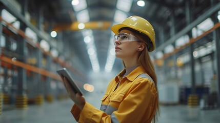 Poster - Industry 40 Modern Warehouse Female Engineer in Empty Warehouse Uses Digital Tablet Computer with Augmented Reality Software for Future Factory or Warehouse Layout Concept Shot of Augm : Generative AI