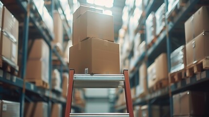 Aufkleber - Boxes ladder and shelves with inventory at warehouse for distribution supply chain or logistics Empty room or interior of packages cargo or shipment in factory or storage for export or : Generative AI
