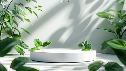 Fototapete - Creative concept of minimalism with leaf and plaster podium Blank space on white podiums for presentation product and green leaves on a white background Summer theme Scene for advertis : Generative AI