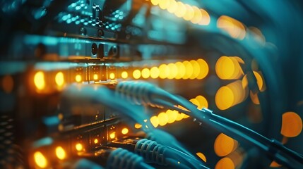 Poster - blur technology data center room defocus fiber optic cable and network router switch in data center room for background and wallpaper : Generative AI