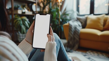 Aufkleber - Mock up white screen blank mobile phone in woman hands holding sitting on armchair at home Back view : Generative AI