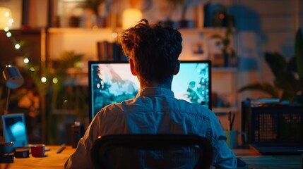 Poster - Rear view of young man sitting at his workspace and using smartphone Blank screen for graphics display montage : Generative AI