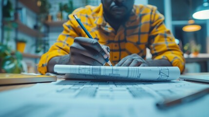 Poster - Black man office and drawing on blueprint with pencil for planning a building design layout and project as architect Table construction and engineering person with idea for property re : Generative AI