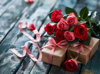 A bouquet of red roses and two gift boxes with pink ribbons on wooden background, concept for Valentine's Day or Mother day celebration