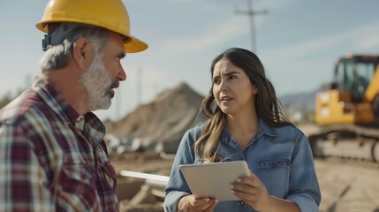 Poster - Hispanic Female Inspector Talking to Caucasian Male Land Development Manager With Tablet On Construction Site Of Real Estate Project Excavators Preparing For Laying Building Foundation : Generative AI