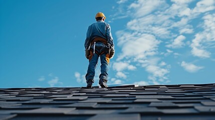 Poster - Repair and replacement of the old roof with a new one Construction worker in protective clothing standing on roof with tools : Generative AI