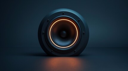 A black speaker with an orange glowing rim on a dark blue surface.