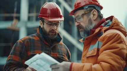Aufkleber - Engineer and foreman worker team checking project at precast factory site Engineer and builders in hardhats discussing on construction site : Generative AI