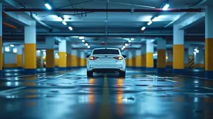 Poster - Single white car in an empty parking lot in an underground parking : Generative AI