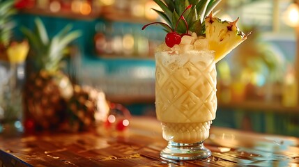 Aufkleber - Tropical pina colada cocktail or mocktail in a tiki glass with pineapple and cherry with copy space : Generative AI