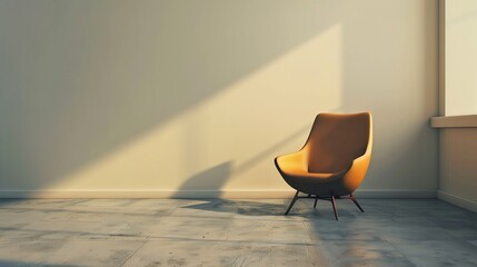 An orange chair sits by a window in a room with a cream wall.