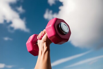 High-resolution photograph featuring a close-up of a single hand holding a bright pink hexagonal dumbbell against a backdrop of a clear blue sky with scattered white clouds. 