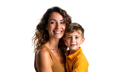 Poster - Portrait of a happy mother hugging and having fun with her son, family relationship, isolated on transparent background