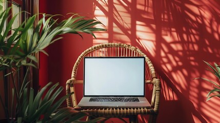 Aufkleber - Laptop computer with blank screen on comfortable rattan chair against red color wall Aesthetic template with mockup copy space Online store blog social media website branding Online sh : Generative AI