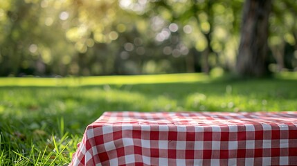 Poster - Red checkered tablecloth on grassempty space blank Food design advertisement template Picnic place Checked cloth Napking laying outdoor : Generative AI