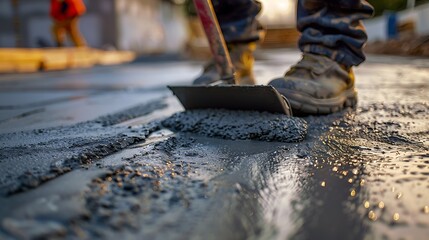 Poster - Man working on smoothing concrete driveway for the new home build at construction site Architecture and exterior structure base progress safety foundation pavement ground Real estate i : Generative AI