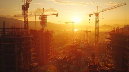 Panoramic view of construction sites and many cranes working in a new construction business : Generative AI