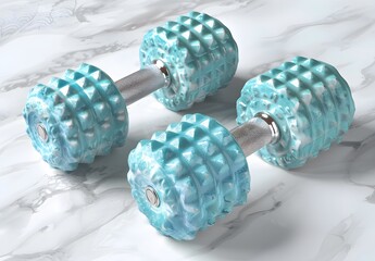 Poster - Blue Dumbbells on a White Marble Surface