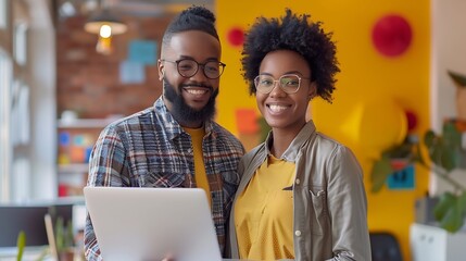 Poster - African american male and female colleague using laptop and talking standing in office copy space : Generative AI