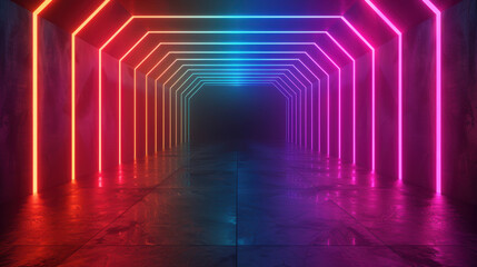 Poster - A brightly lit, modern neon tunnel with vibrant colors and reflective floor creating a futuristic and immersive environment.