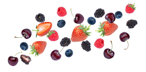 Wall Mural - Fresh red cherry, blackberry, blueberry, strawberry and raspberry fruits flying in the air isolated on white background. 