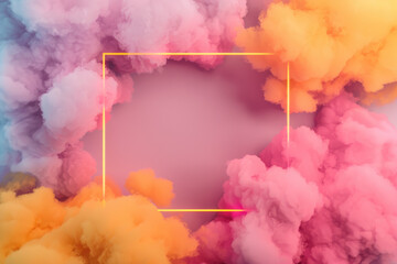 Poster - Bright and colorful abstract background with fluffy pink, yellow, and orange smoke clouds surrounding a minimalistic square frame. Modern and vibrant design.