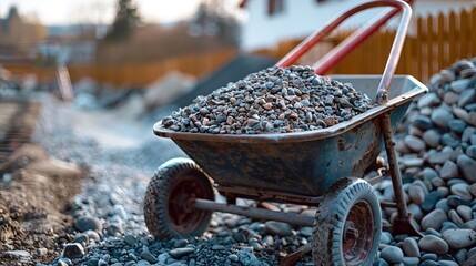 Sturdy wheelbarrow loaded with gravel ready for action next to a larger gravel pile Ideal for construction landscaping and hard work imagery : Generative AI