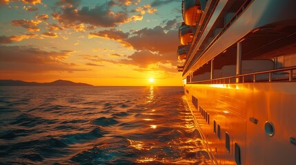 Big cruise ship in the sea at sunset Beautiful seascape Luxury Cruise Ship  Ocean Liner Concept for vacation and travel with a generic cruise ship : Generative AI