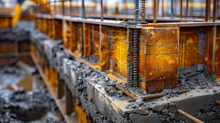 Poster - Large reinforced concrete structures at the construction site Preparation for the installation of reinforced concrete products Construction work on the construction of foundations : Generative AI