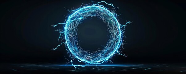 Wall Mural - High-energy blue circle with lightning, dark background, futuristic effect