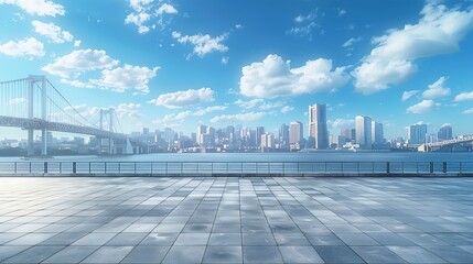 Poster - Empty square floor and bridge with city skyline under blue sky : Generative AI