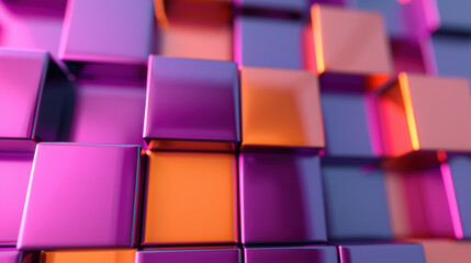 Poster - Vibrant  abstract geometric pattern with colorful purple and orange cubes in a modern, glossy finish, creating a dynamic and eye-catching visual effect.