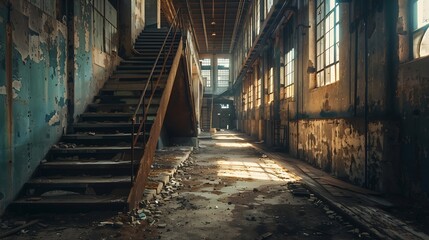 Poster - Interior industrial corridor in abandoned factory construction and architecture : Generative AI